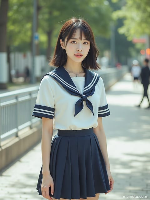 成年女性以全身构图呈现日系制服风格造型，画面突出服饰轮廓与整体氛围。