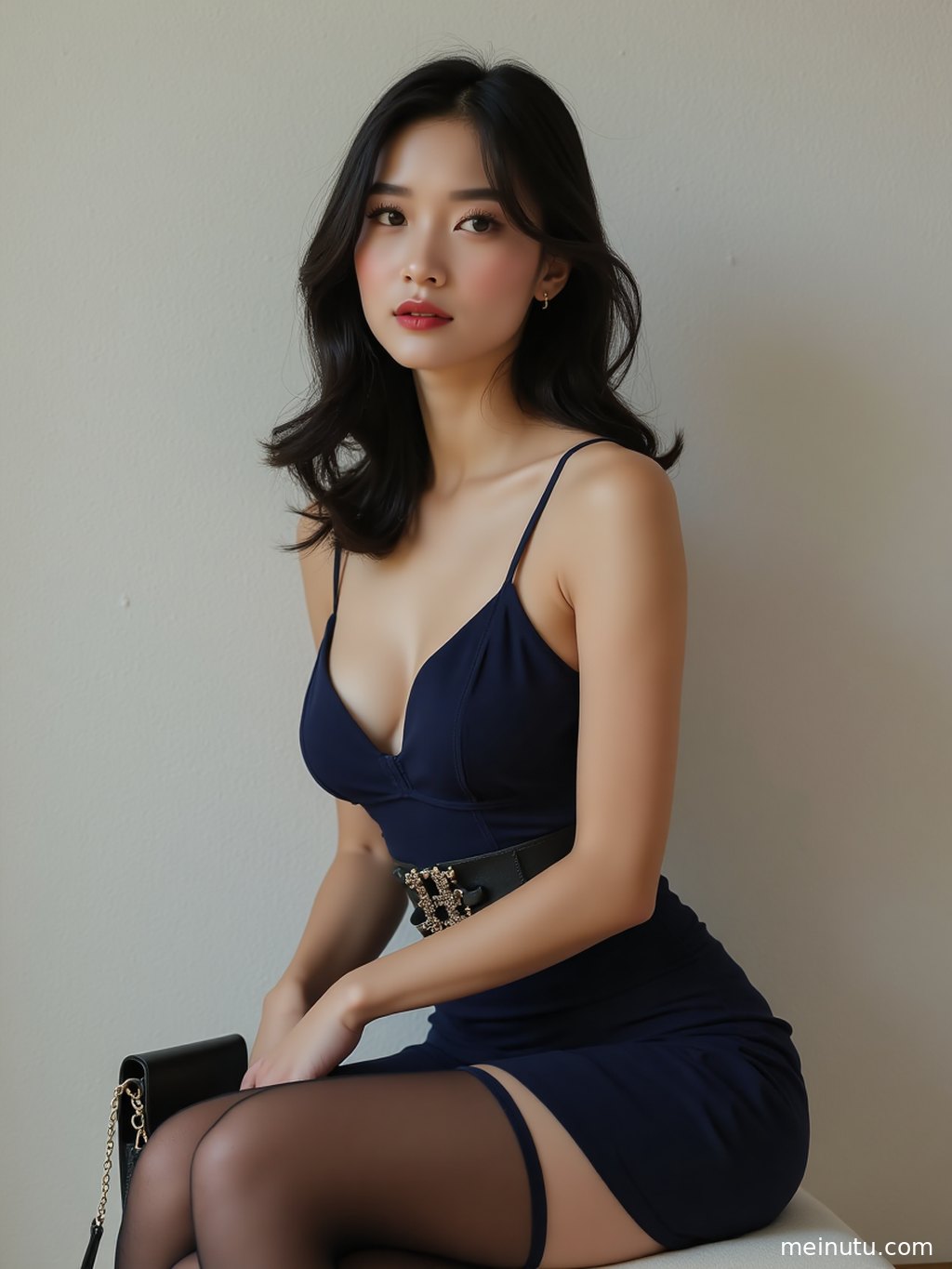 清晨微光中，一双修长美腿穿着丝袜，尽显迷人曲线。