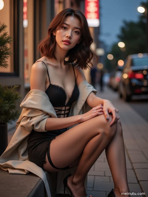 成年女性身着黑丝吊带袜，脚踩高跟鞋，在窗边展现性感魅力。
