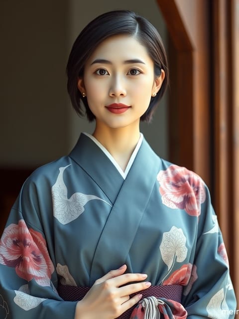 身着华美和服的成年女子，在柔和室内光下展露恬静侧颜。