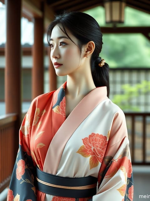 一位成年女性身着传统和服浴衣，在晨光中展现优雅姿态。