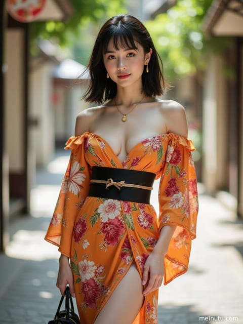 身着华丽日本和服的年轻成年女性，在日式花园中回眸，光影斑驳，充满故事感。
