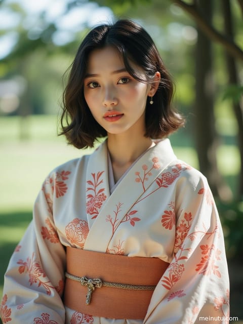 身着华丽日式和服的成年女性，在室内柔光下展现全身优雅姿态。