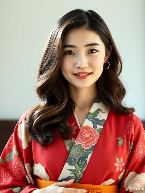 一位成年女性身穿粉色樱花图案和服，在黄昏的暖色侧光下回眸。