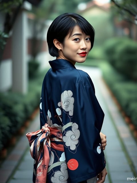 一位成年女性身着素雅浴衣，在晨光中静静伫立，展现和服的细腻纹理。
