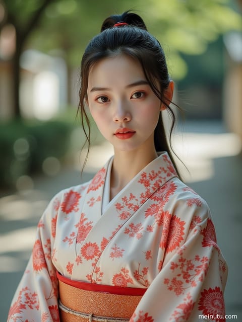 穿着和风浴衣的成年女子在海边，沐浴在自然光下，半身肖像。