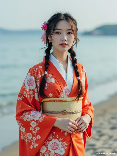 身着华丽振袖的和服女子在日式庭院的石径上优雅行走。