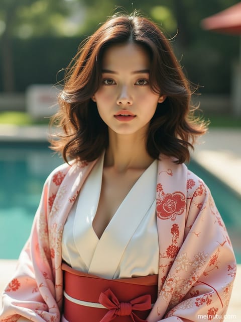 身着华丽振袖的成年女子在日式庭院中优雅伫立，背景是精致的枯山水。