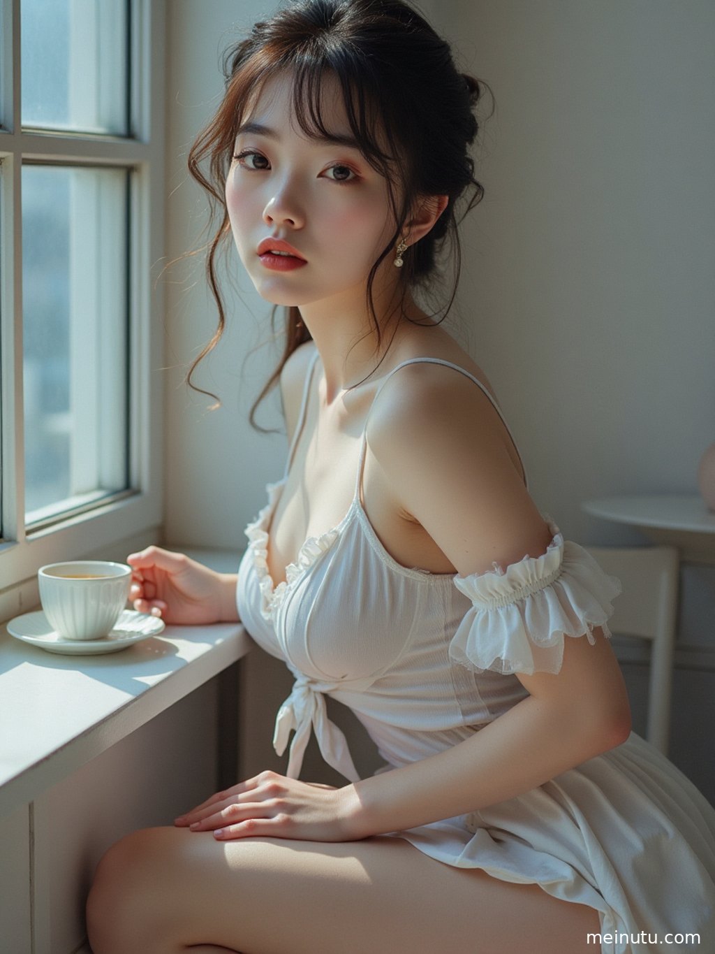 年轻成年女性倚靠窗边，享受午后阳光，光影在她脸上留下迷人印记。
