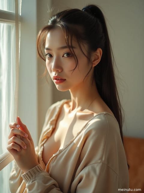 一位成年女子身着优雅服饰，在洒满阳光的庭院中展现迷人侧颜，高清半身写真。