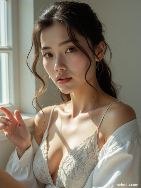 一位成年女子身着优雅长裙，在夕阳下的海边回眸，画面唯美动人。