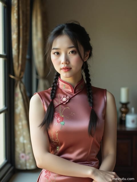 一位成年女性身着典雅庭院旗袍，在海边逆光下展现迷人半身肖像。