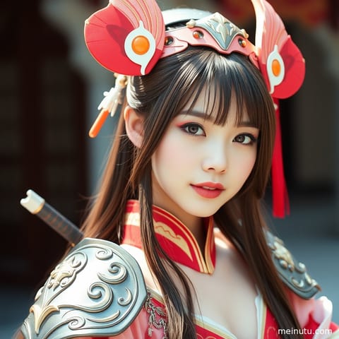 身着二次元服饰的成年女子在街头进行全身构图的Cosplay街拍，暖色侧光勾勒出迷人轮廓。