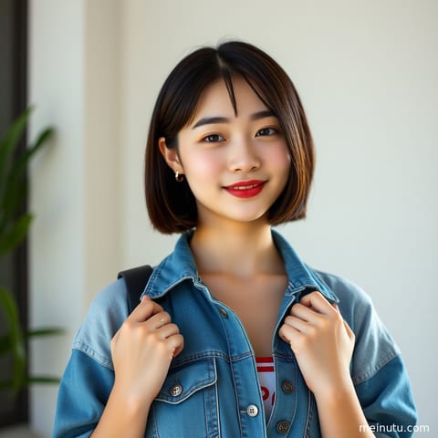 一位穿着时尚的亚洲成年女性站在街头，暖色侧光勾勒出她迷人的轮廓。