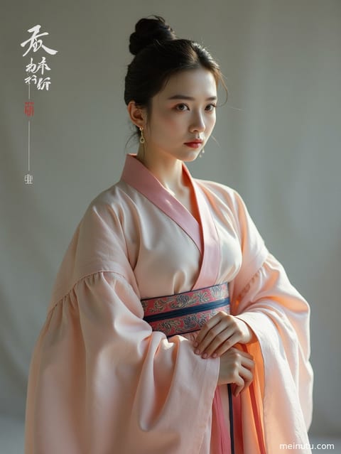 海边柔和逆光下，身着汉服的成年女子回眸一笑的半身特写。