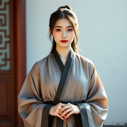 身着唐制汉服的成年女性在黄昏光线下回眸，裙摆随风轻扬。