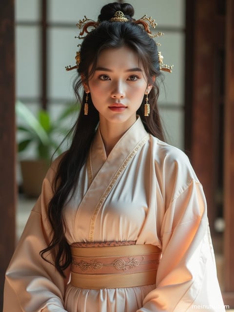身着精致汉服的成年女子，在晨光熹微中侧颜沉思，光线柔和。