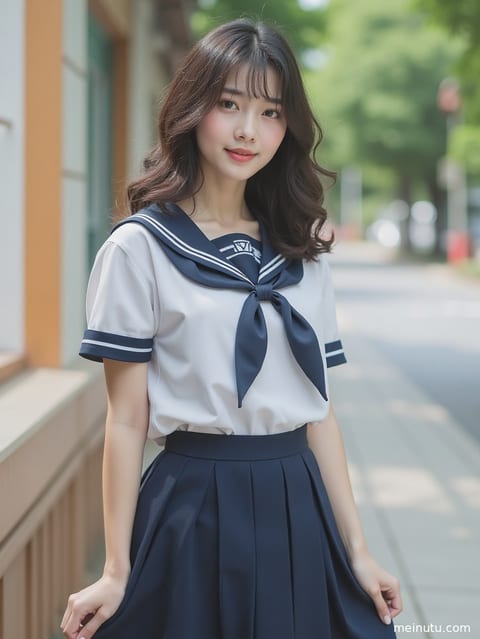 成年女性身着JK水手服，晨光透过窗户洒下，光影斑驳。