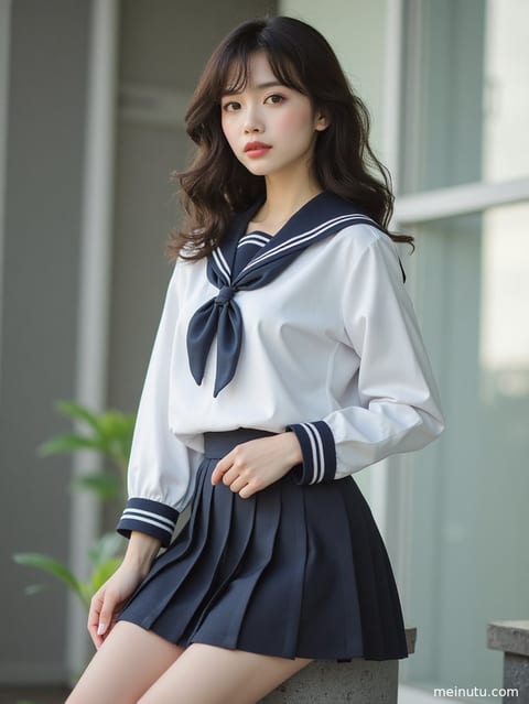 身着经典JK制服的成年女子，在午后暖阳下侧身回眸，画面充满青春气息。