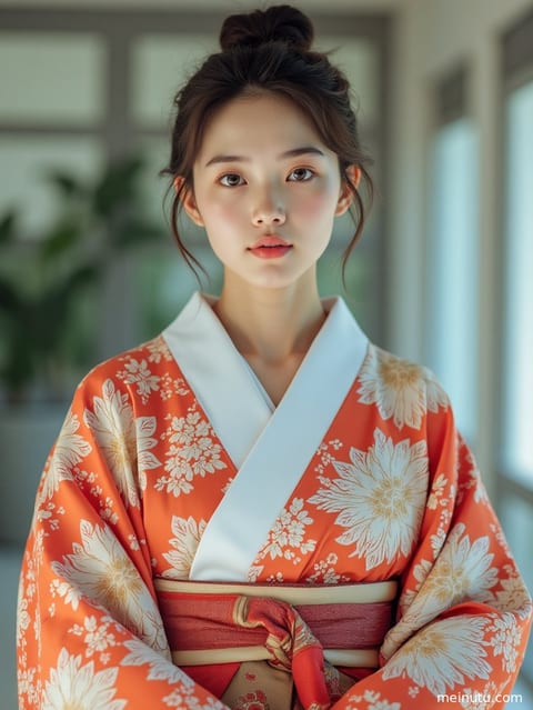 身着精致日式和服的成年女子，在柔和室内光线下展现优雅姿态。