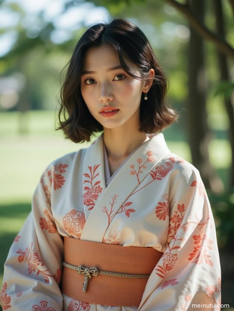 身着华丽日式和服的成年女性，在室内柔光下展现全身优雅姿态。