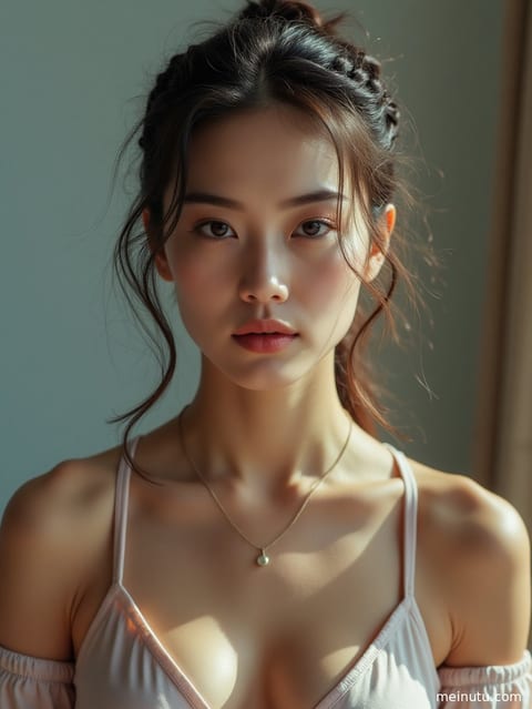 海边自然光下，成年女子半身肖像，海浪背景。