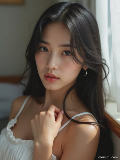 室内柔光下，一位成年女性在柔和逆光中展现迷人侧颜，高清半身写真。