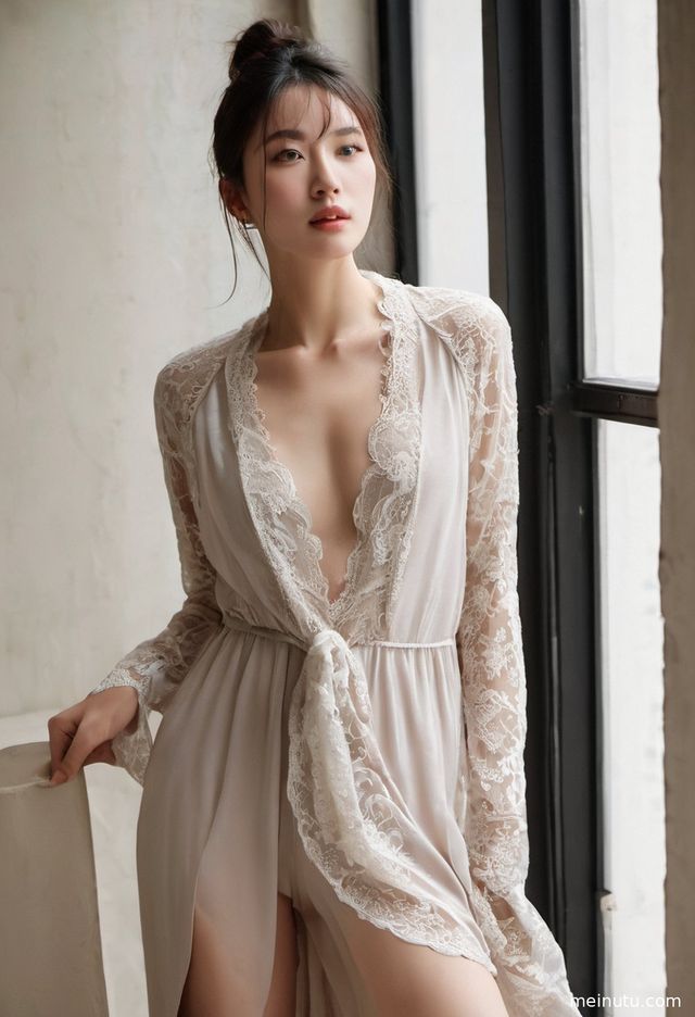 一位年轻成年女性在日式庭院的石径上，自然光勾勒出性感身影。