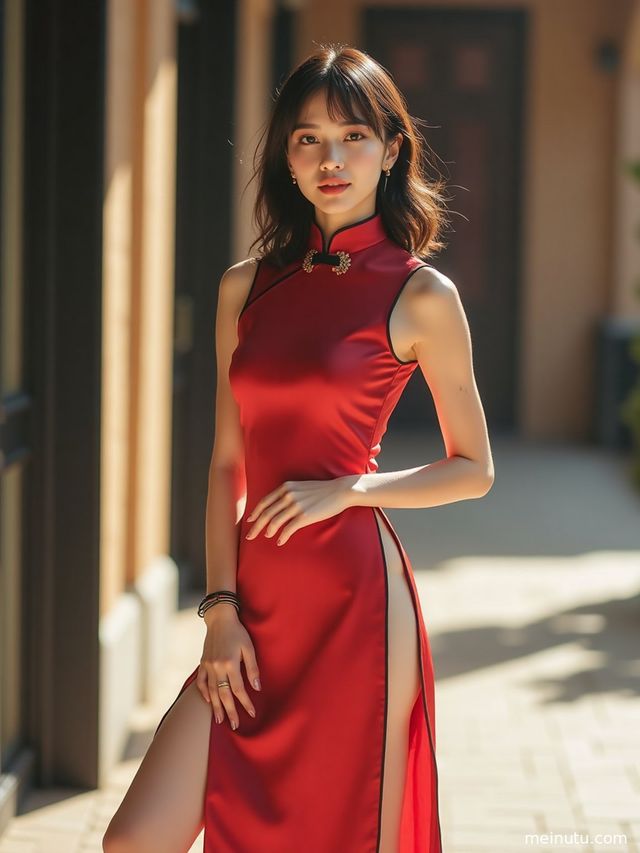 一位年轻成年女性身穿精致真丝旗袍，在庭院中沐浴自然光。
