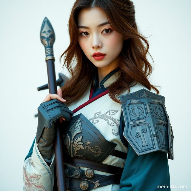 海边柔和逆光下，身着精致Cosplay服装的成年女性半身肖像，眼神灵动。