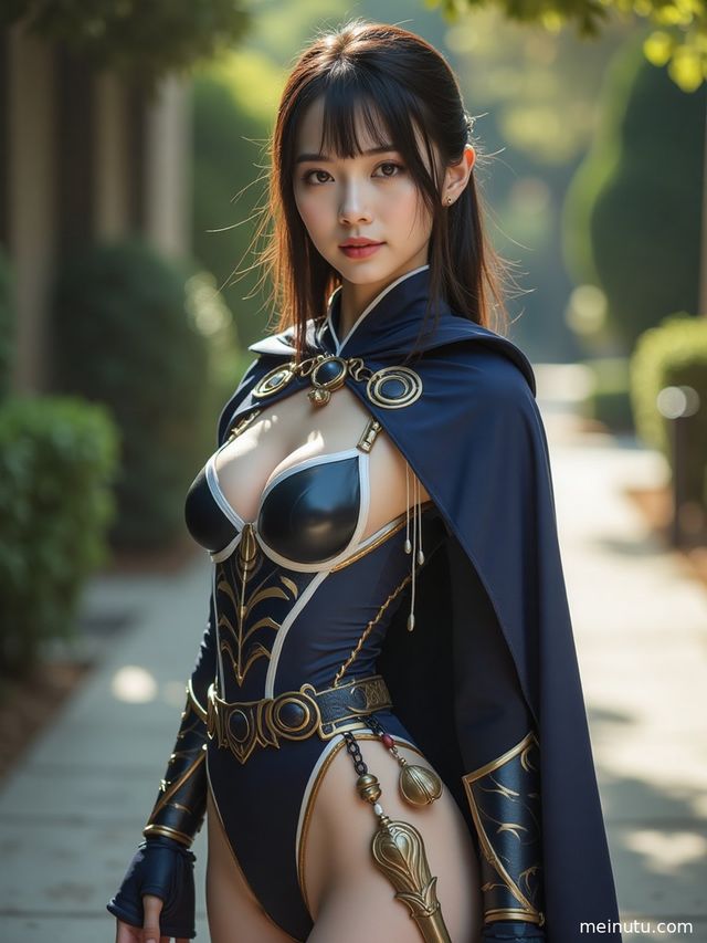 身着精致Cosplay服装的年轻成年女性沐浴在庭院的自然光下，低角度视角凸显服装的立体感。