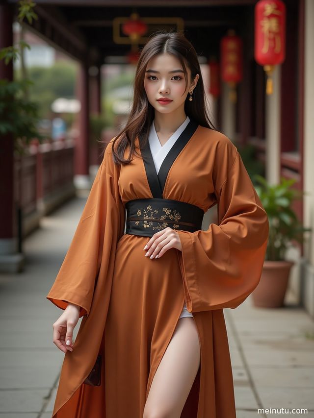 身着汉服宋制的年轻成年女性，在复古走廊中沐浴清透高光，气质温婉。