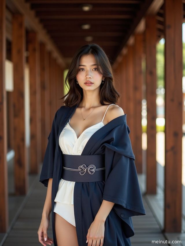 身着精致日本和服的年轻成年女性，在复古走廊中回眸，眼神清澈。